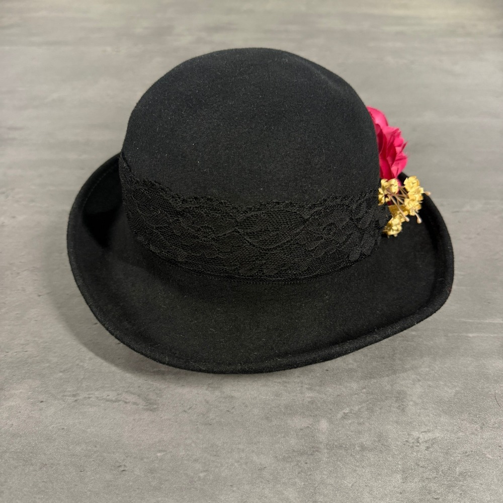 Vintage Bollman Hat Co Doeskin Felt Hat Black Wool Lace Pink Flower Coquette - Picture 5 of 7